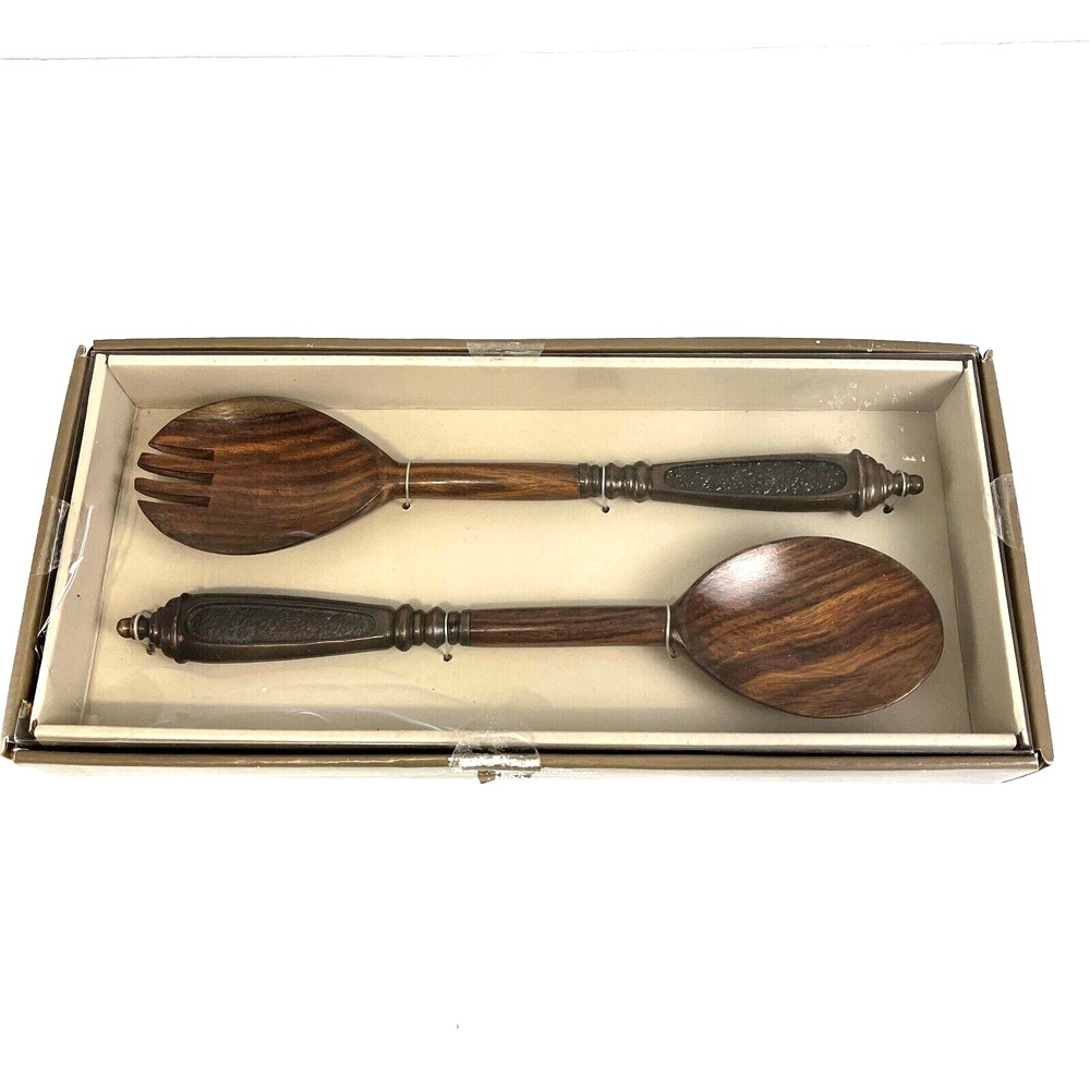 Vintage PIER 1 Serving Spoon Fork Salad Dark Brown Wood Carved Serveware NEW